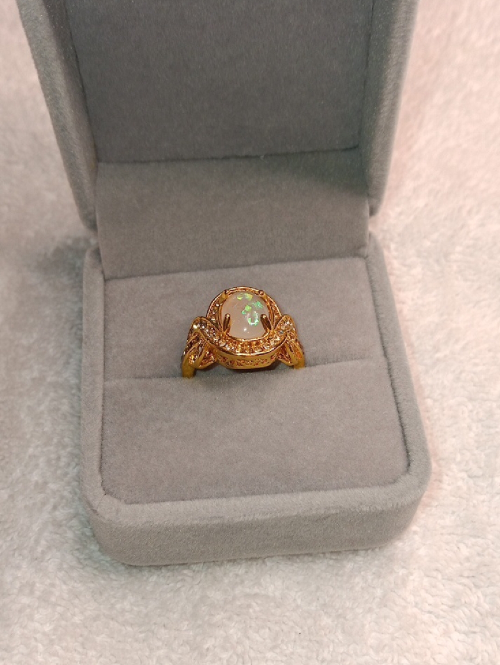Faux Opal Halo Ring  — Iridescent Opal Center Size 6.5
